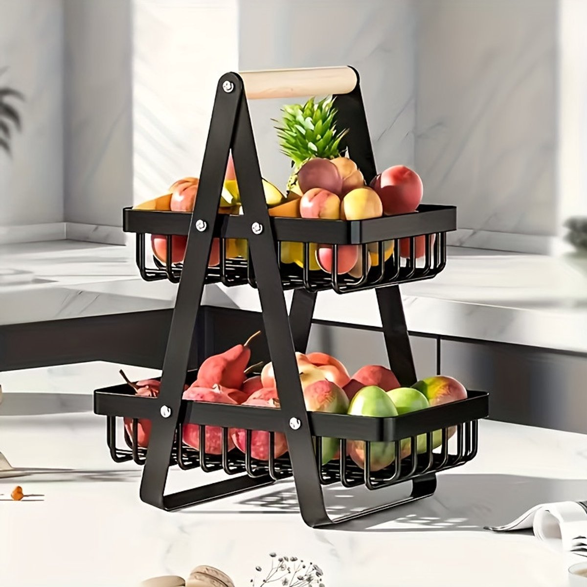 Fruitmand met 2 verdiepingen, fruitetagère met 2 verdiepingen, fruitschaal, etagère met houten handvat - metaal - zwarte fruitschalen met handvat - voor snacks thuis - groenten, keuken, kantoor,