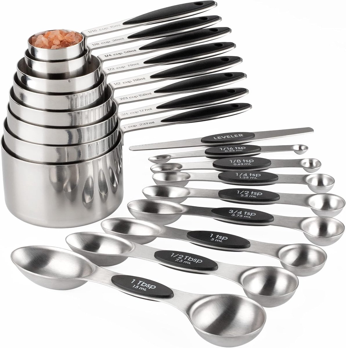Maatbekers en Lepels Set van RVS - 8 Maatbekers en 8 Magnetische Maatlepels