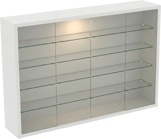 Witte vitrinekast met glazen schuifdeuren en vier glazen legplanken.