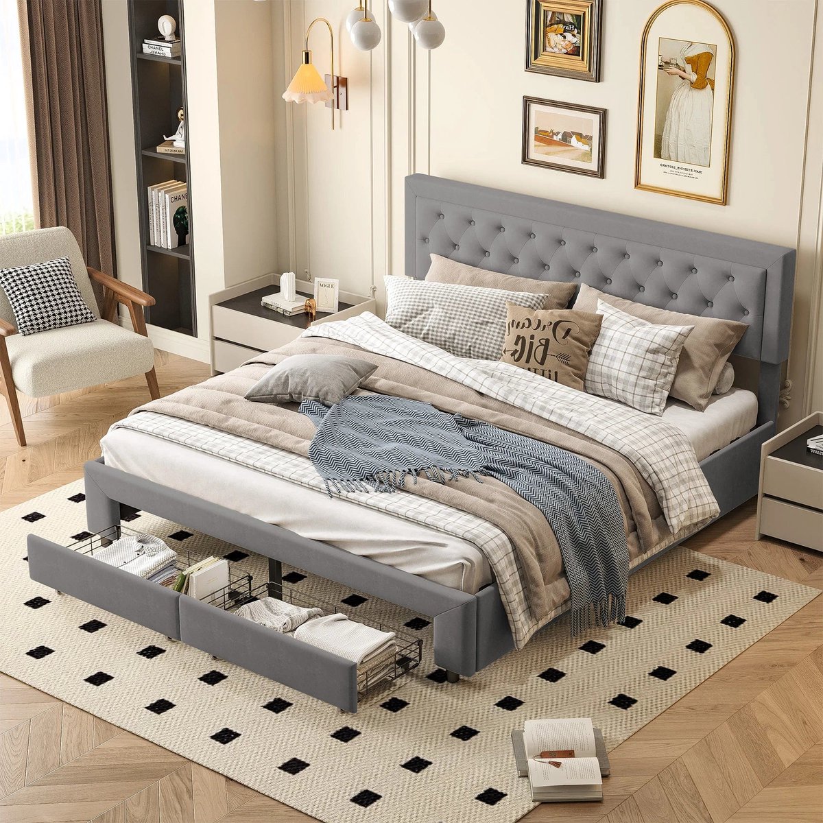 Tweepersoonsbed – Gestoffeerd Bed – Boxspring – Bed Met Opbergruimte – Slaapbank – Grijs Velours – 180x200 cm – Hydraulisch Opbergvak Met Laden