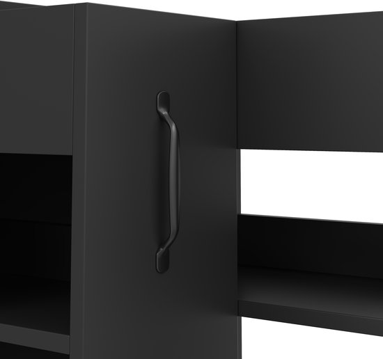 Zwarte archiefkast met een handvat en open planken.