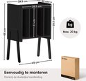 Afmetingen van zwart vinyl opbergsysteem met 4 vakken. Max 20 kg.