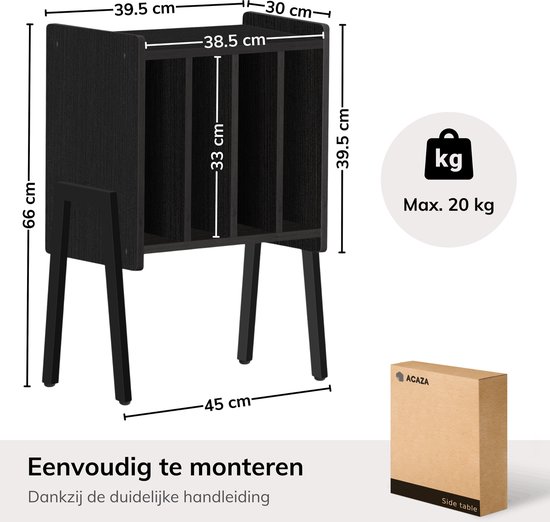 Afmetingen van zwart vinyl opbergsysteem met 4 vakken. Max 20 kg.