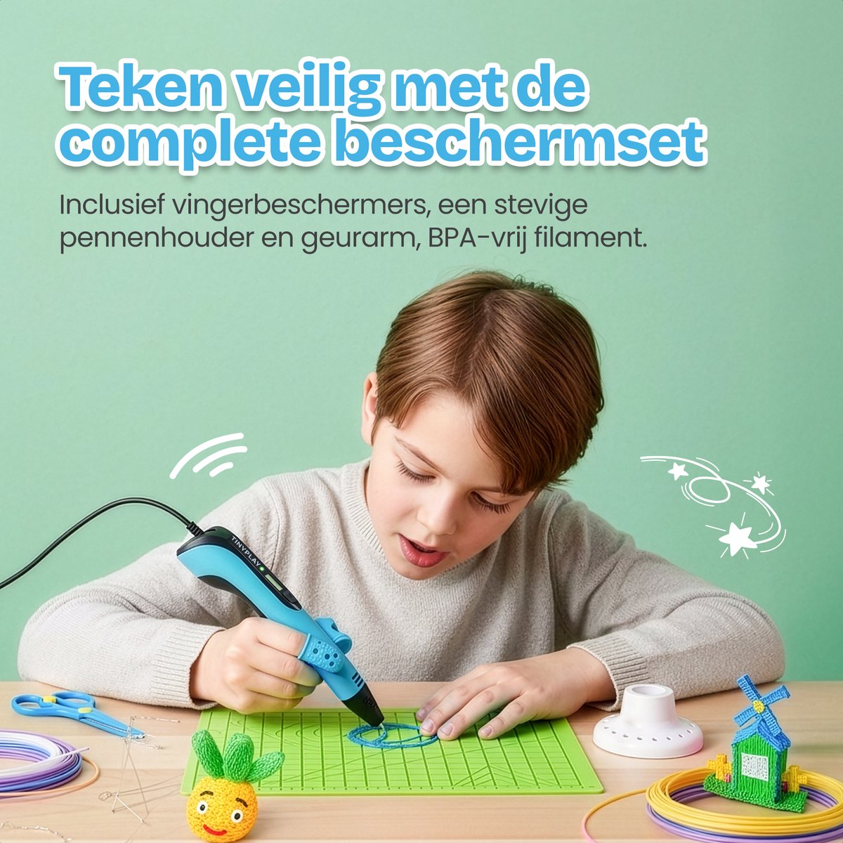 TinyPlay 3D Pen Starterspakket XXL – 3D tekenen - 100m Vullingen PLA Filament 1.75 mm – 3d pennen tekenset - Voor kinderen - Sjablonen boek - Opbergcase en tekenmat – Blauw — afbeelding 5