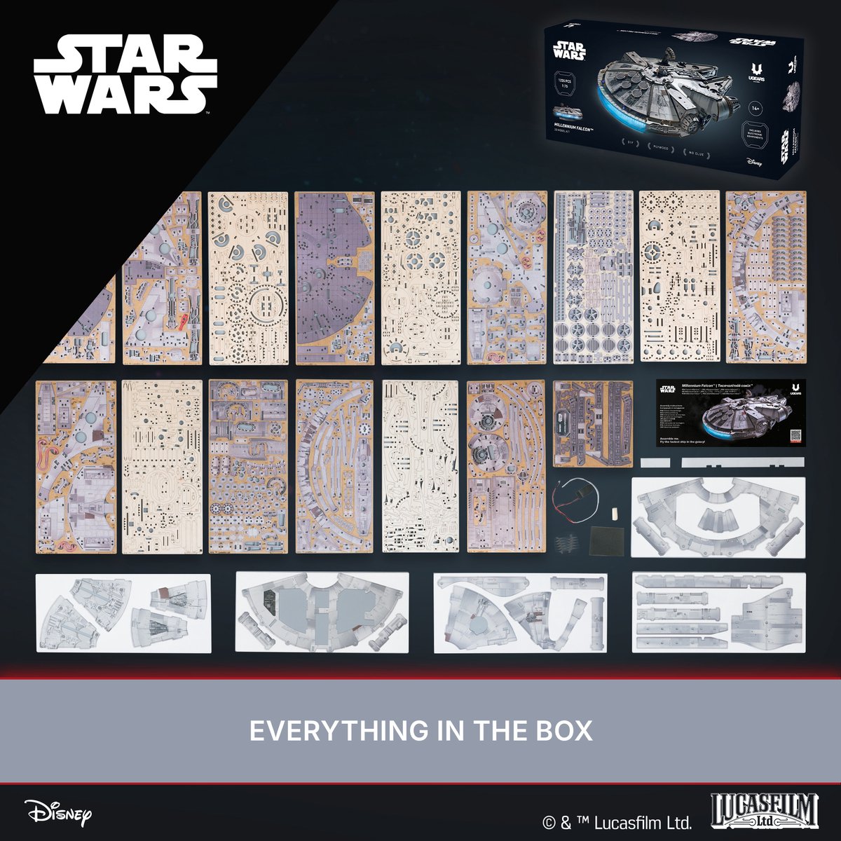 UGEARS 3D Modelbouw - Millenium Falcon - Star Wars - Mechanisch Bouwpakket Hout - Educatief Speelgoed — afbeelding 9