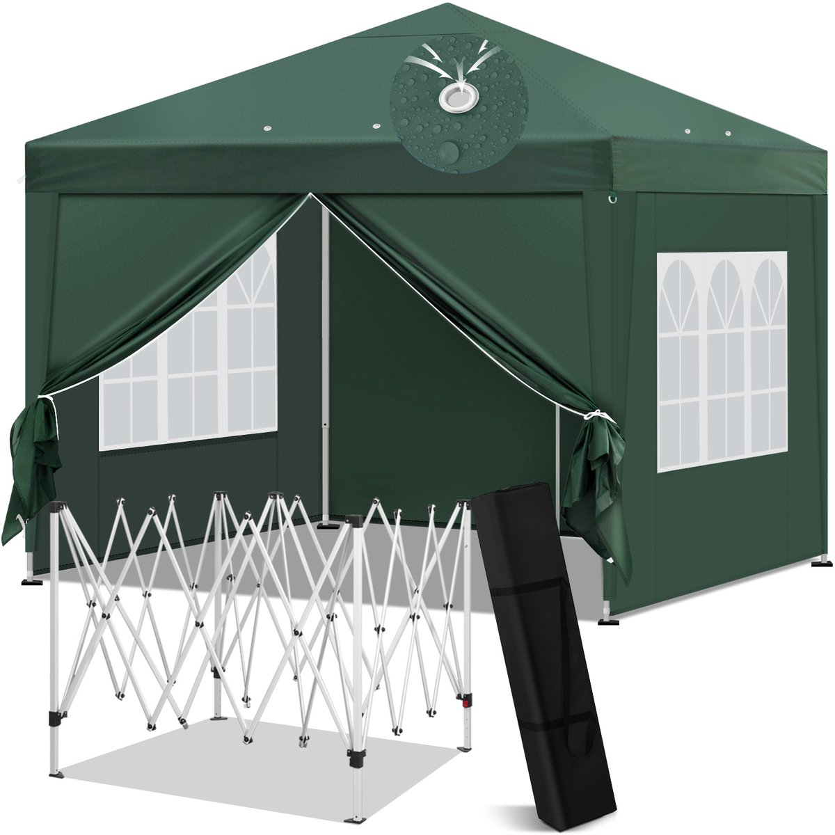 Opvouwbaar Paviljoen Groen - 3x3 Meter - Pop-Up Systeem - Waterdicht 210D Oxford - 4 Zijwanden met Ramen - Hoogte Verstelbaar - UV-bestendig - Tuintent BBQ Camping Strand