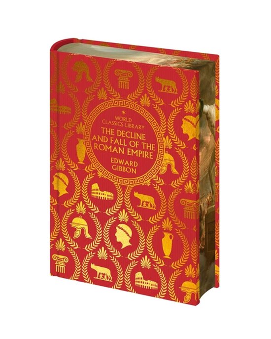 Ornements dorés sur la couverture rouge de 'The Decline and Fall of the Roman Empire', avec des motifs romains.