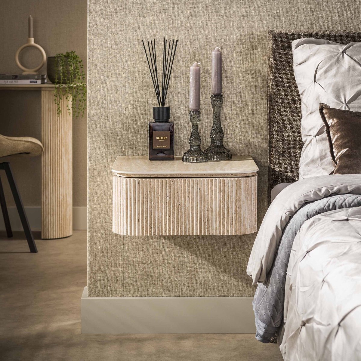 PS-Collection Zwevend Nachtkastje Keramiek Travertinlook 1 Lade - Romano Arch - nachtkast, nachtkastje, nachtkastjes, nachtkastjes industrieel, nachtkastje hout, nachtkastjes modern, nachtkastje zwevend