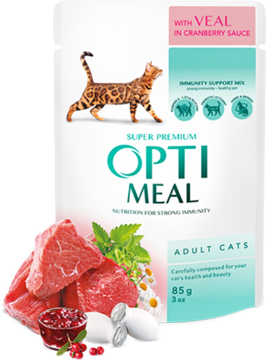 Kormotech Optimeal Nat Kattenvoer met Kalfsvlees in Cranberrysaus – Complete Super Premium Maaltijd voor Volwassen Katten 12x 85g