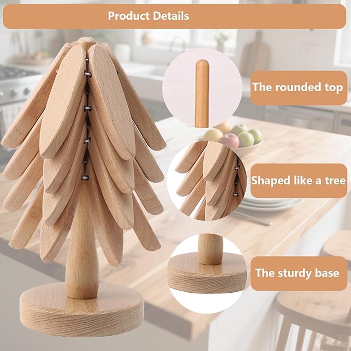Houten Onderzetters in De Vorm Van Een Boom - Opvouwbare Houten Onderzetter - Set van 4 Houten Onderzetters en 1 Houder - voor Pannen, Koekenpannen en Warme Kommen — cadeau in Koken & Dineren - foto 3