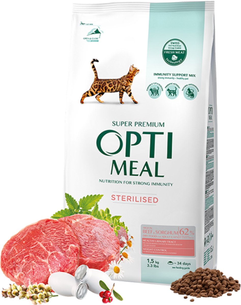 Optimeal Droogvoer voor Gesteriliseerde Katten – Rund & Sorghum – Super Premium Kattenvoer voor Volwassen Katten – Urinewegondersteuning & Gewichtscontrole 1.5kg