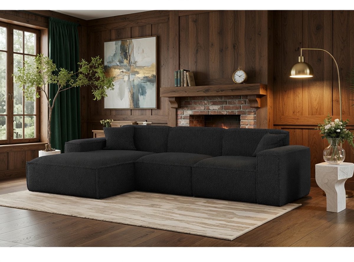 Hoekbank L-vorm Luga – Teddy Stof (Sven) – 268x169 cm – zwart – Bellavero