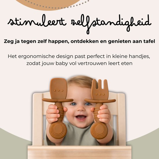 Jikkies® - Siliconen Kinderbestek Set - Baby Bestek - Lepel & Vork - Taupe - Veilig - Duurzaam - Kindvriendelijk - 100% Siliconen - Vaatwasserbestendig - Magnetronbestendig - Oefenbestek - Ergonomisch Bestek - Kraamcadeau van Jikkies — afbeelding 4