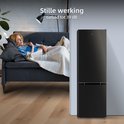 Zwarte koelkast in een woonkamer met een slapende vrouw op de bank, naast een plant.