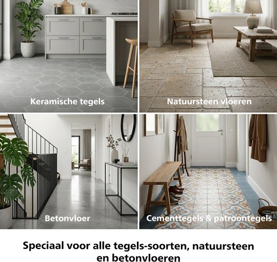 Collage van verschillende vloertypes: keramische tegels, natuursteen, betonvloer, cementtegels.