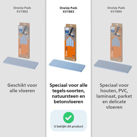 Philips OneUp dweildoeken: XV1882 (alle vloeren), XV1883 (tegels, natuursteen, beton), XV1884 (hout, PVC, laminaat).
