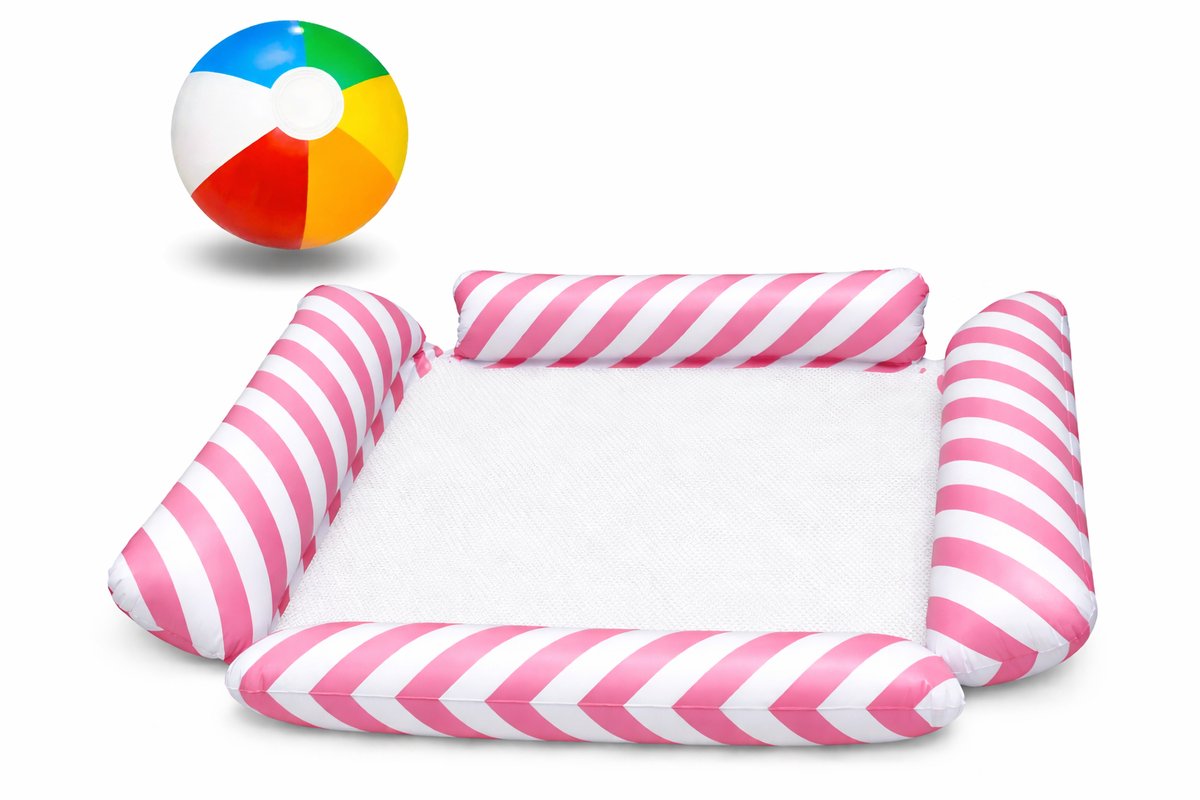Goodz4All Roze Waterhangmat 110x123 cm Opblaasbare Drijfstoel + Strandbal Zwemband Drijvende WaterStoel LoungeStoel WaterHangmat Zwembad Ligbed Luchtbed - Floating Bed - Beach Float - Float LoungeStoel - Drijvende Water Ligstoel - Opblaasbaar