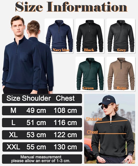 Maatinformatie met schouder- en borstafmetingen voor de sweatshirts in navy, zwart, grijs, groen en beige.