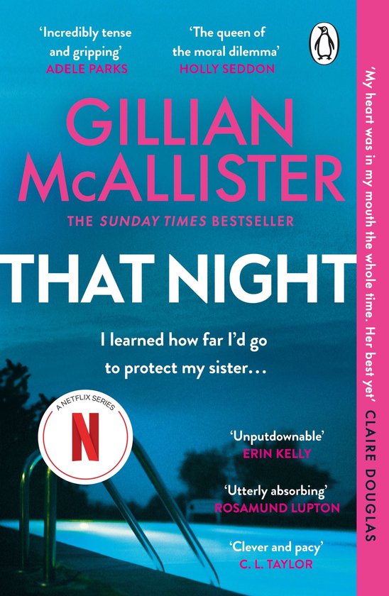 Boekcover van 'That Night' met de naam Gillian McAllister, een zwembad en citaten van lezers.