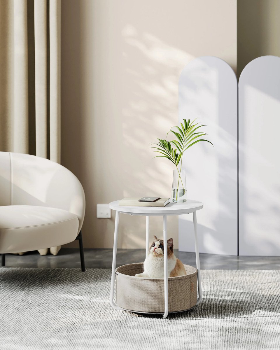 Archi salontafel rond - Bijzettafel – Kleine Salontafel - Stoffen Mand – 45x50 cm – Mat Wit & Camelbruin – Moderne Opslagtafel