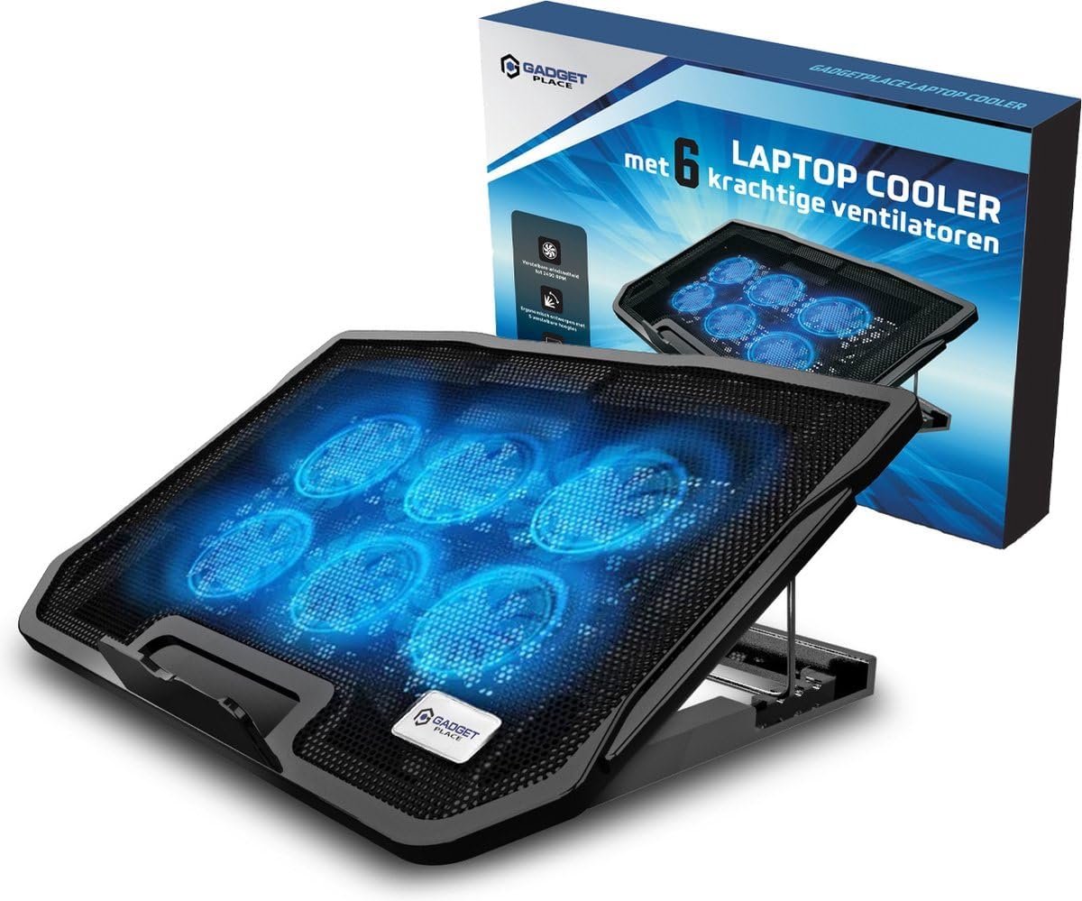 Laptop Cooler - Ventilator Standaard - Oververhitting Voorkomen - Zes Instelbare Ventilatoren - Tot 17 Inch - Zwart