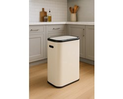 Prullenbak met drukdeksel 60 liter-wit crème Afvalbak met deksel-Grote vuilnisbak - Hygienische prullenbak voor keuken en kantoor - Stijlvolle afvalemmer met drukmechanisme- prullen bak- afval bak- afvalbak- emmer- afval emmer- afvalemmer