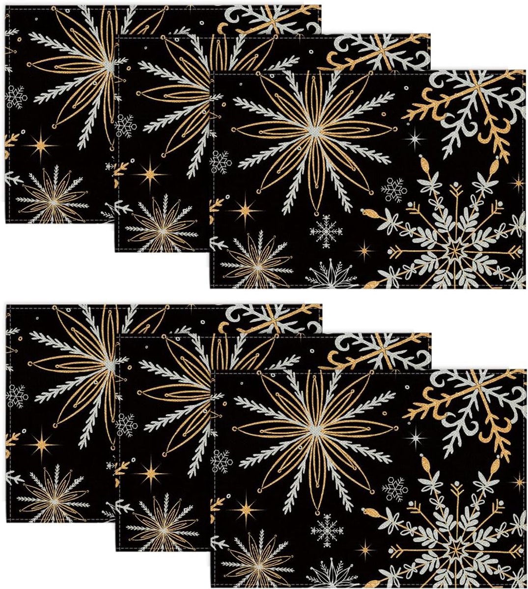 Placemats Set - Tafeldecoratie - Winterfeest - Wasbaar Materiaal - 30 x 45 cm - Zwart Goud