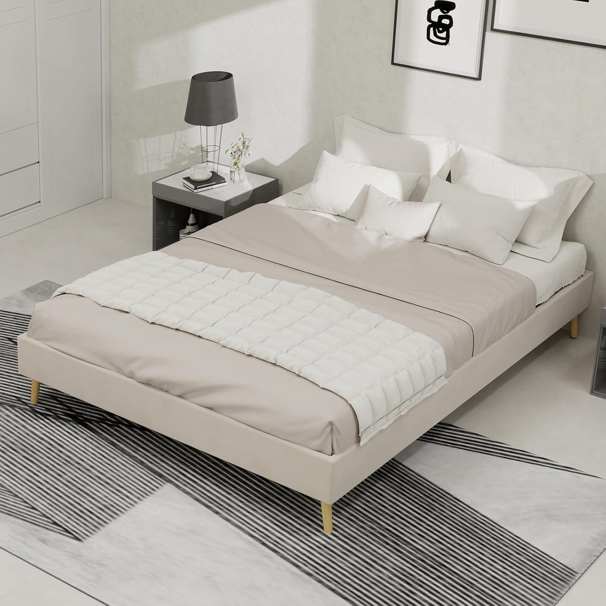 Stoffen Bedframe - Modern Laag Bed - Slaapkamer Inrichting - Geïntegreerde Opbergruimte - 