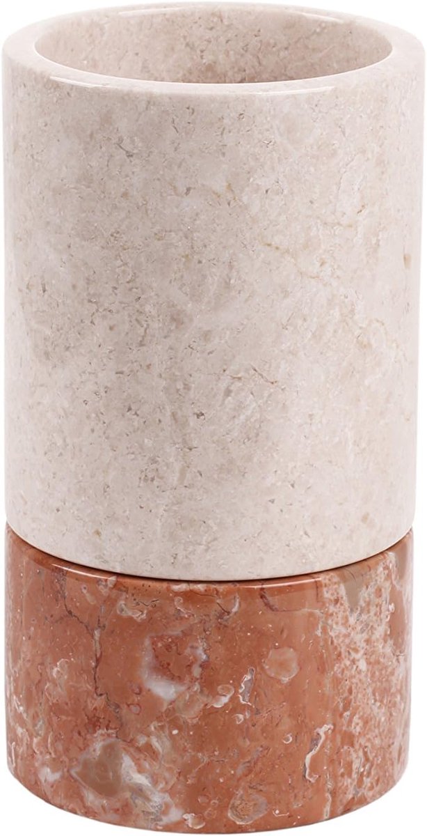 Marmeren Vaas - Natuursteen Decoratie - Woonkamer Inrichting - Uniek Natuurproduct - 11x20cm - Beige Rood