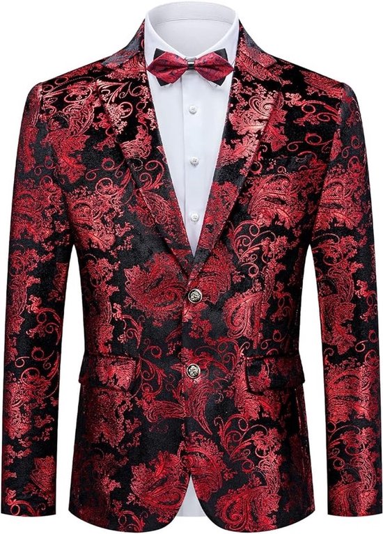 Zwarte blazer met rode, weelderige paisley-print, witte overhemd en rode strik.
