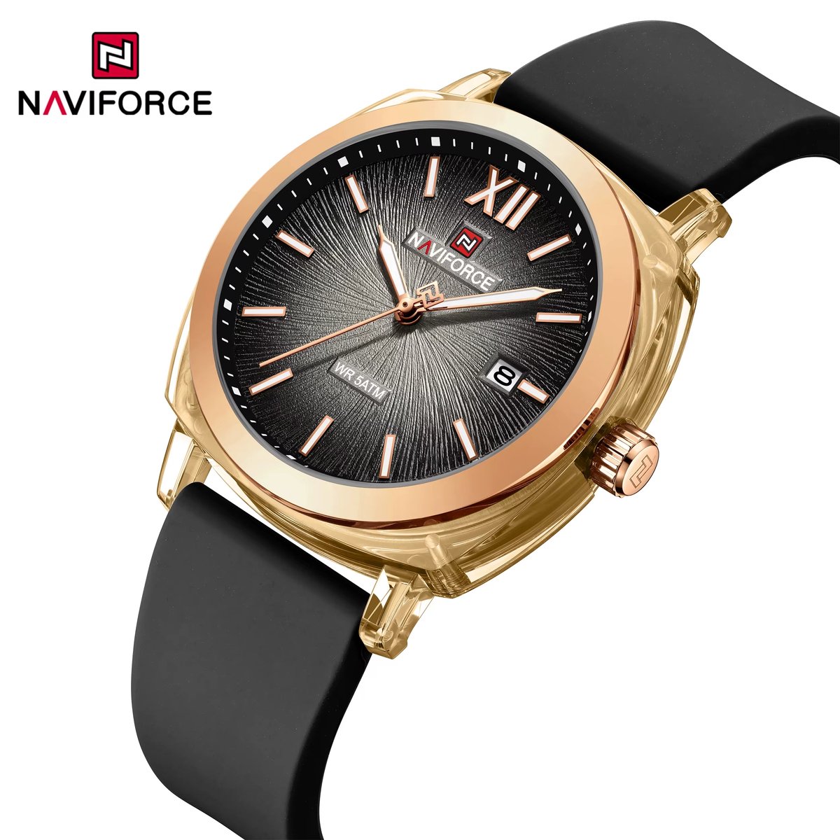 NAVIFORCE horloge met zwarte gefumeerde siliconen polsband, gouden horlogekast en zwarte wijzerplaat voor dames met stijl ( Model 6111 B )