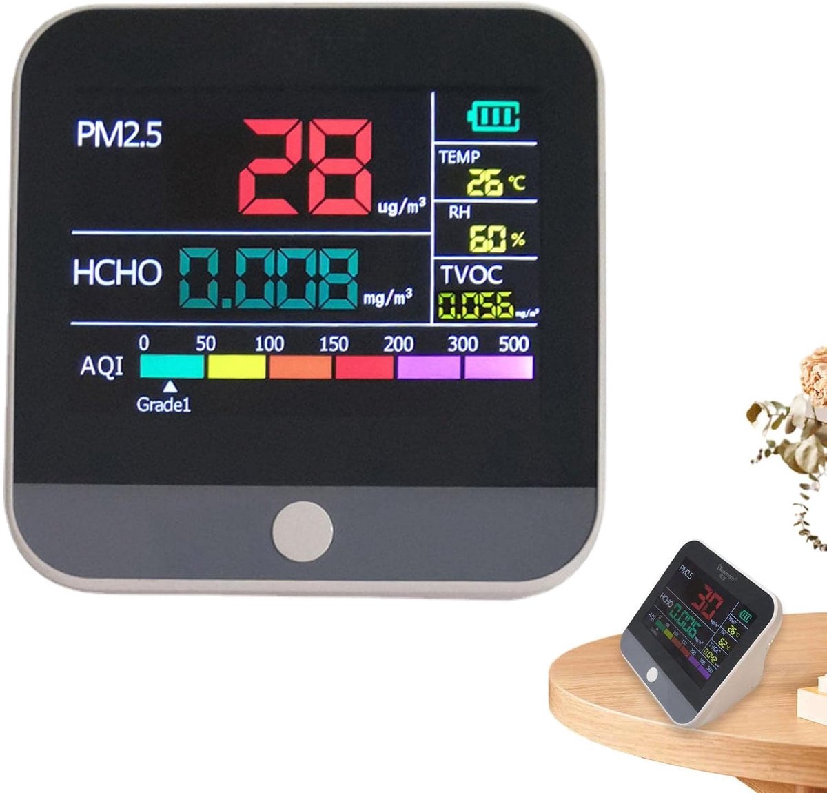 Luchtkwaliteitsmonitor - Luchtmeter - Binnenlucht Meten - 4-in-1 Meting - 9x9x5cm