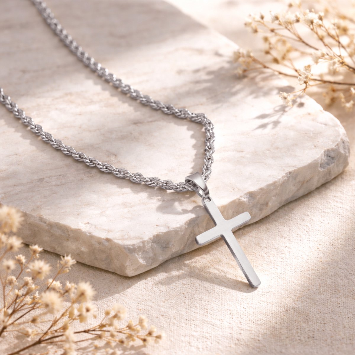 Cristae Kruis Ketting Zilver – Christelijke Ketting Heren & Dames – Minimalistisch RVS – Waterproof – Perfect voor Festival, Pinksteren & Cadeau – 50+8 cm