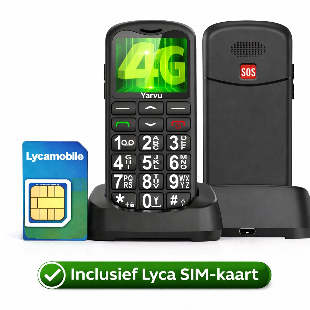 Yarvu - Easy Pro - 4G Senioren Mobiel + Simkaart Geleverd + Oplaadstation - Grote Toetsen - Big Button Mobiele Telefoon - Ouderen - Zwart