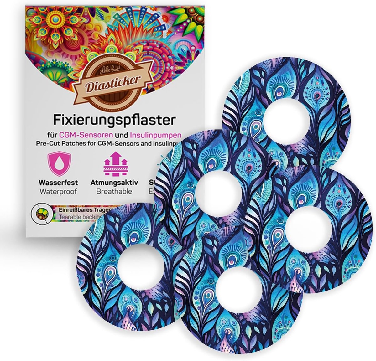 Sensor Pleisters - Motief Fixatie - Diabetes Zorg - Waterbestendig Ademend - 10 Stuks - Batik Peacock