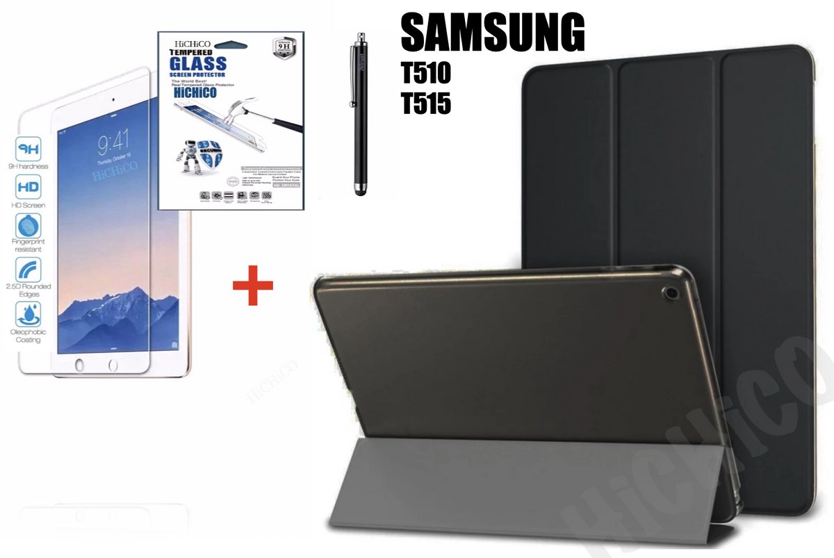Samsung Galaxy Tab A 10.1 (2019) SM-T510 SM-T515, HiCHiCO Tablet Hoes met Stylus Pen, draaistand Cover Tablet hoesje, Magnetische Stand Case Leather Flip Cover Tablet Case smart Cover Zwart + Tempered Glass screen protector