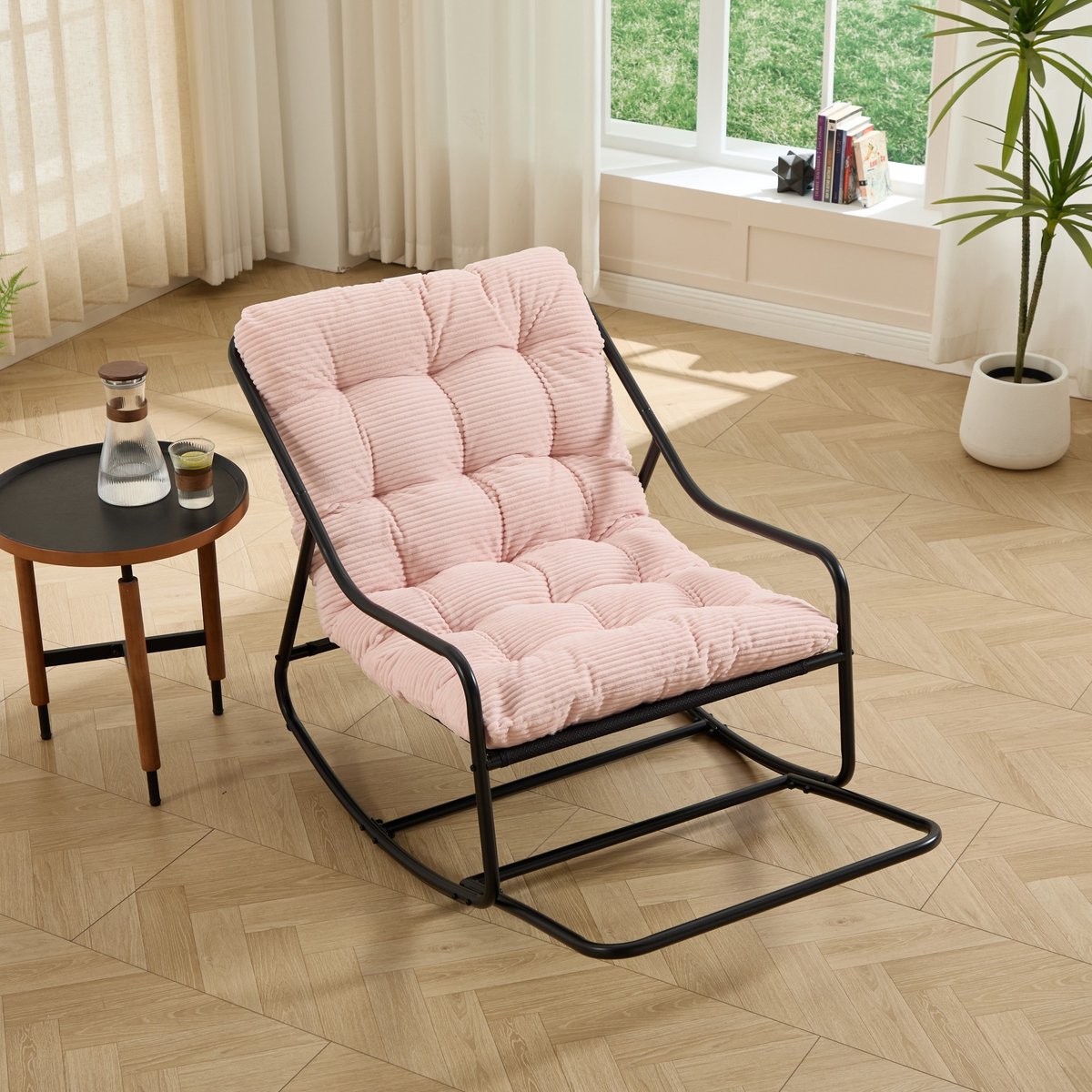 Sweiko Schommelstoel - Met kussen - Corduroy - Metalen frame - Roze