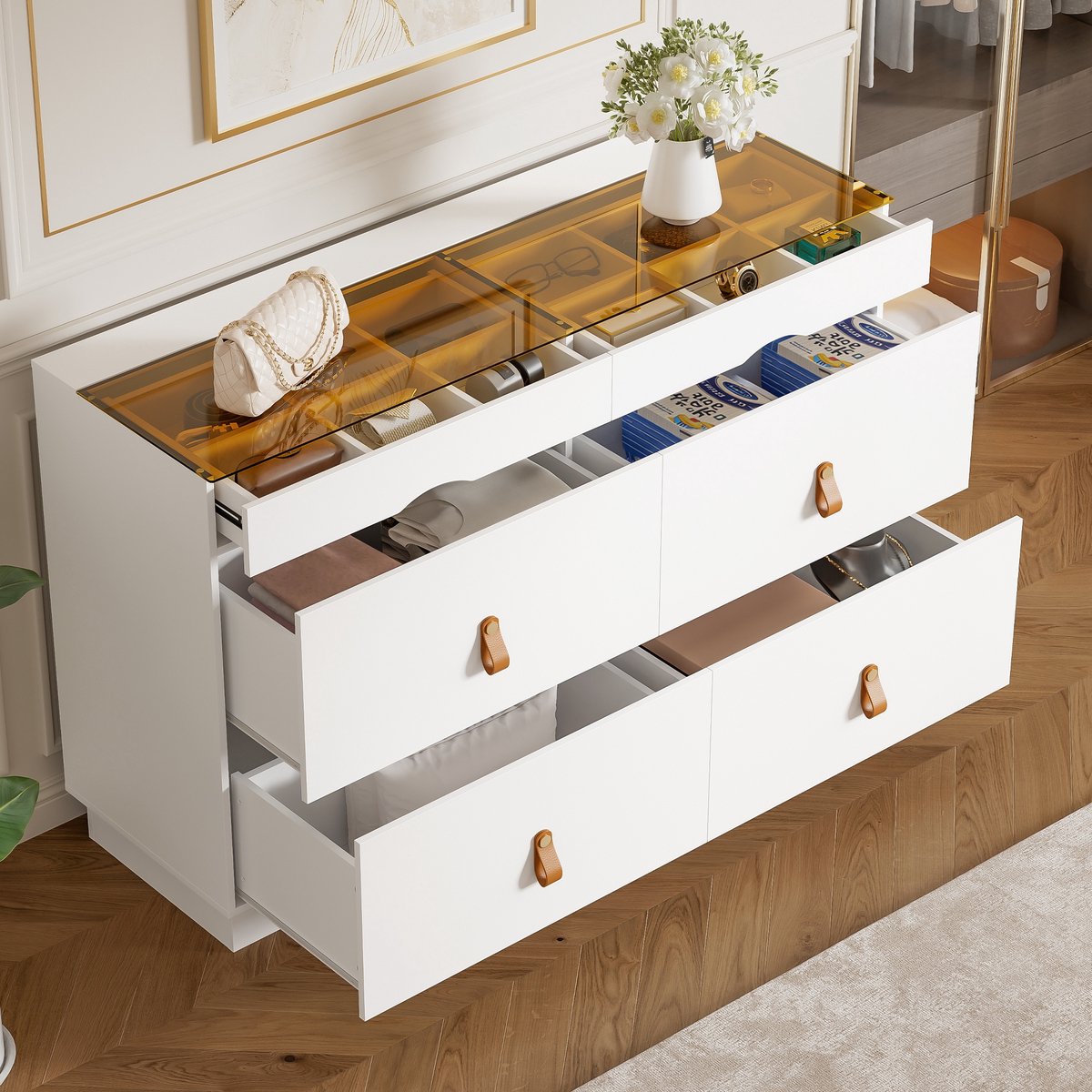Sweiko Ladekast - Bijzettafel - 6 lades - Bruin glazen blad - Kantelbeveiliging - 120 x 40 x 78 cm - Wit