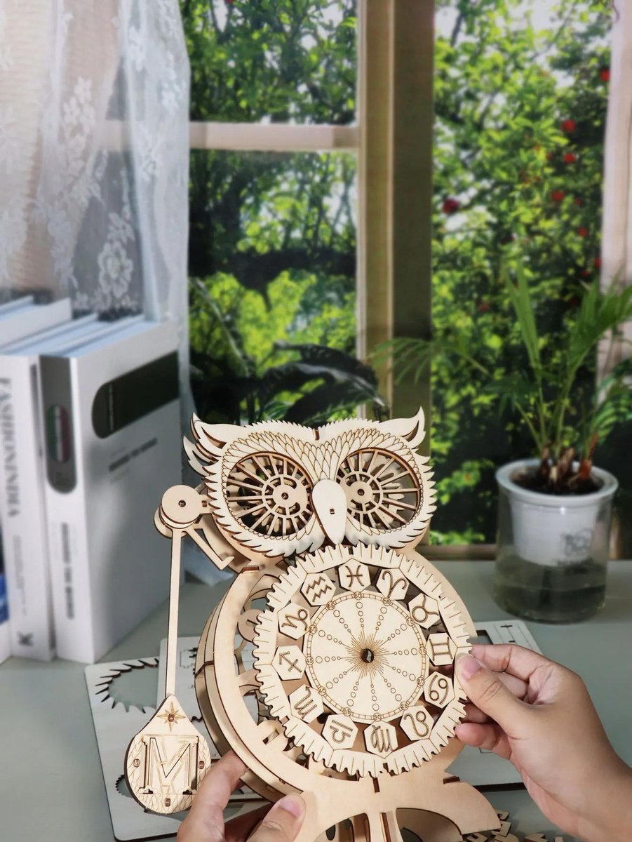 3D houten puzzel uilenklok met muziekdoos - 161 onderdelen - mechanisch modelbouwpakket