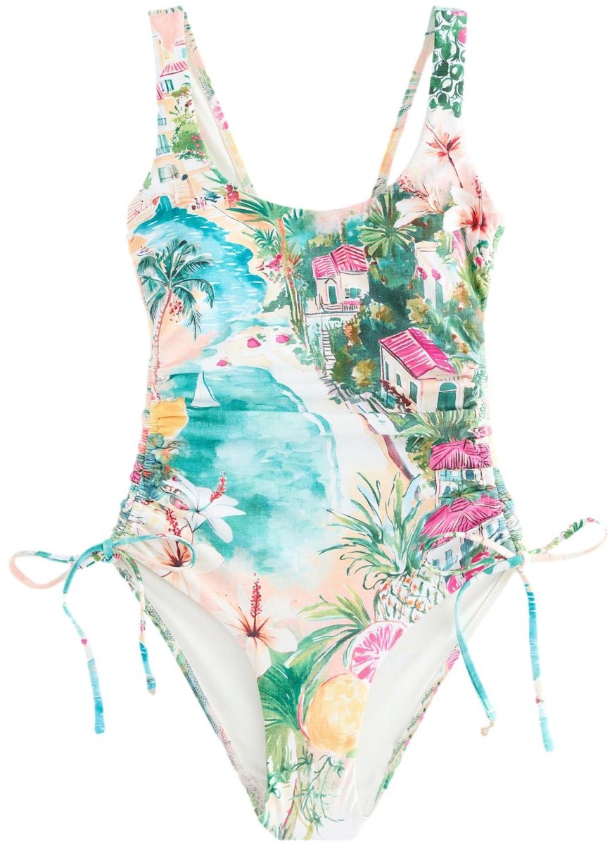 Next Dames - Badpak met lage hals, figuurcorrectie en ruches - Blauw Blue/Pink Scenic Print