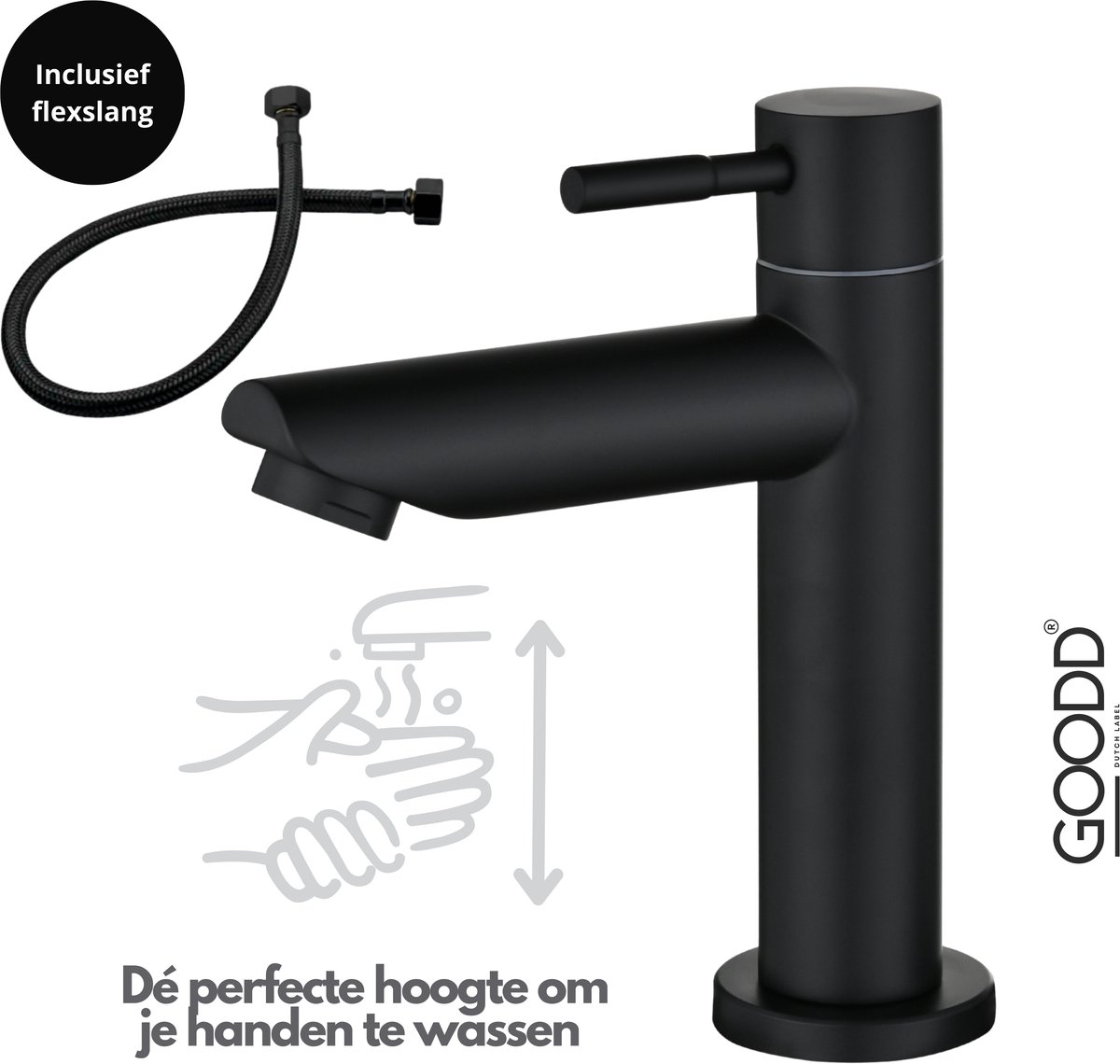 GOODD® Frejus - Fonteinkraan - Toiletkraan - Koudwaterkraan - Wc kraan - Zwart - nylon aansluitslang