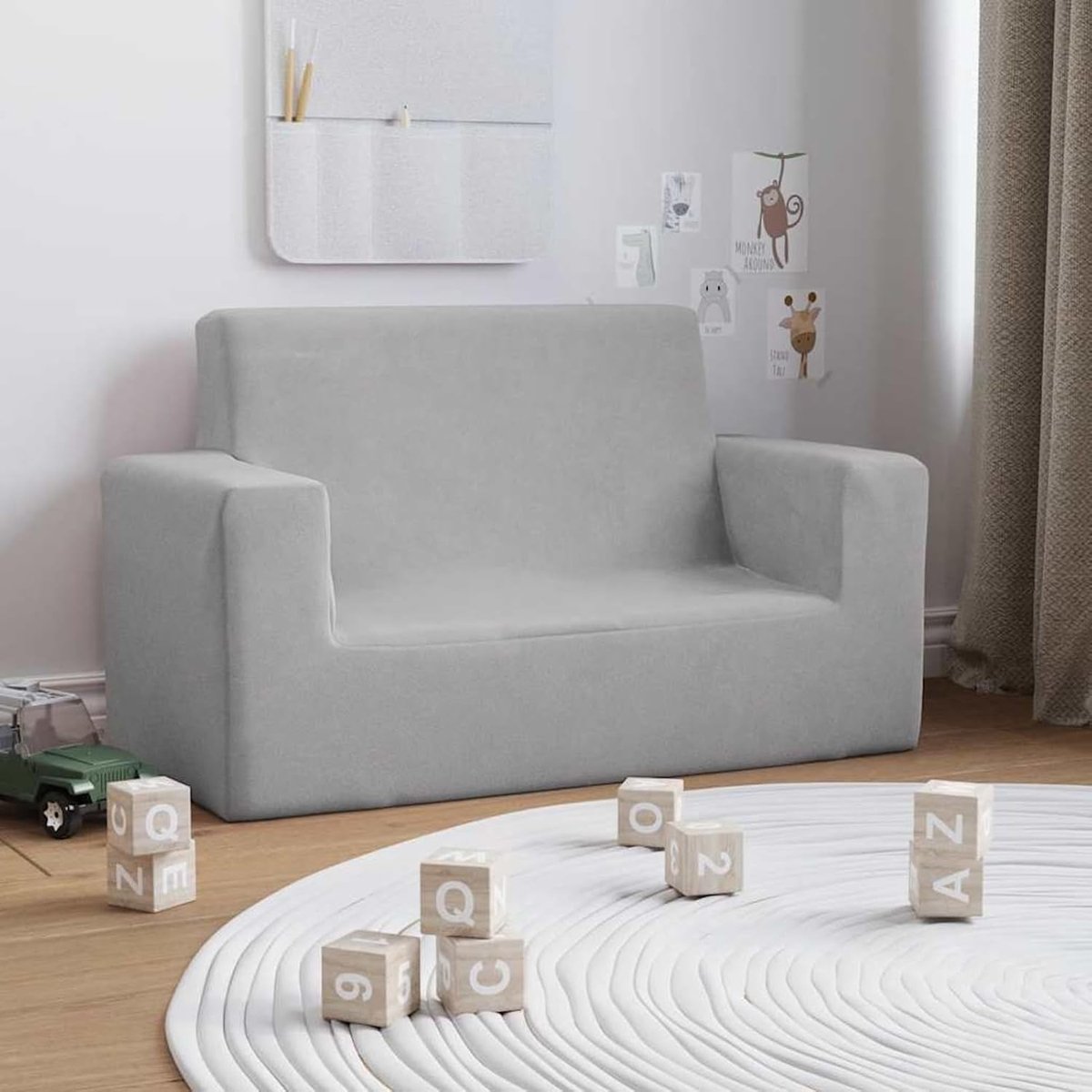 Kindersofa 2-zits - Speelbankje - Kinderkamer - Zacht pluche materiaal - 84 x 50 x 38 cm - Lichtgrijs