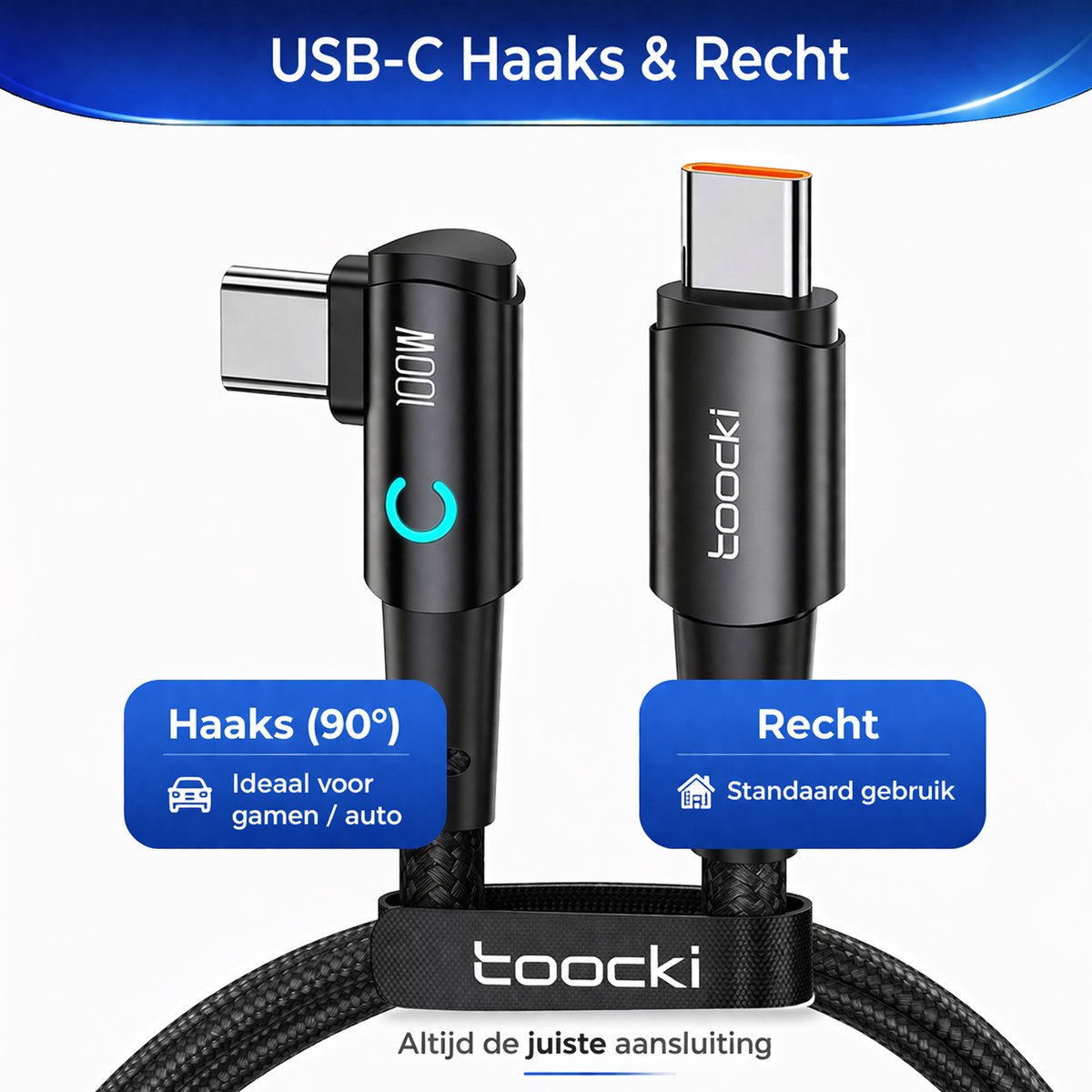 USB-C kabel 25 cm haaks & recht, 100W snelladen, duurzaam gevlochten nylon, geschikt MacBook, iPhone 15, Samsung - Afbeelding 2