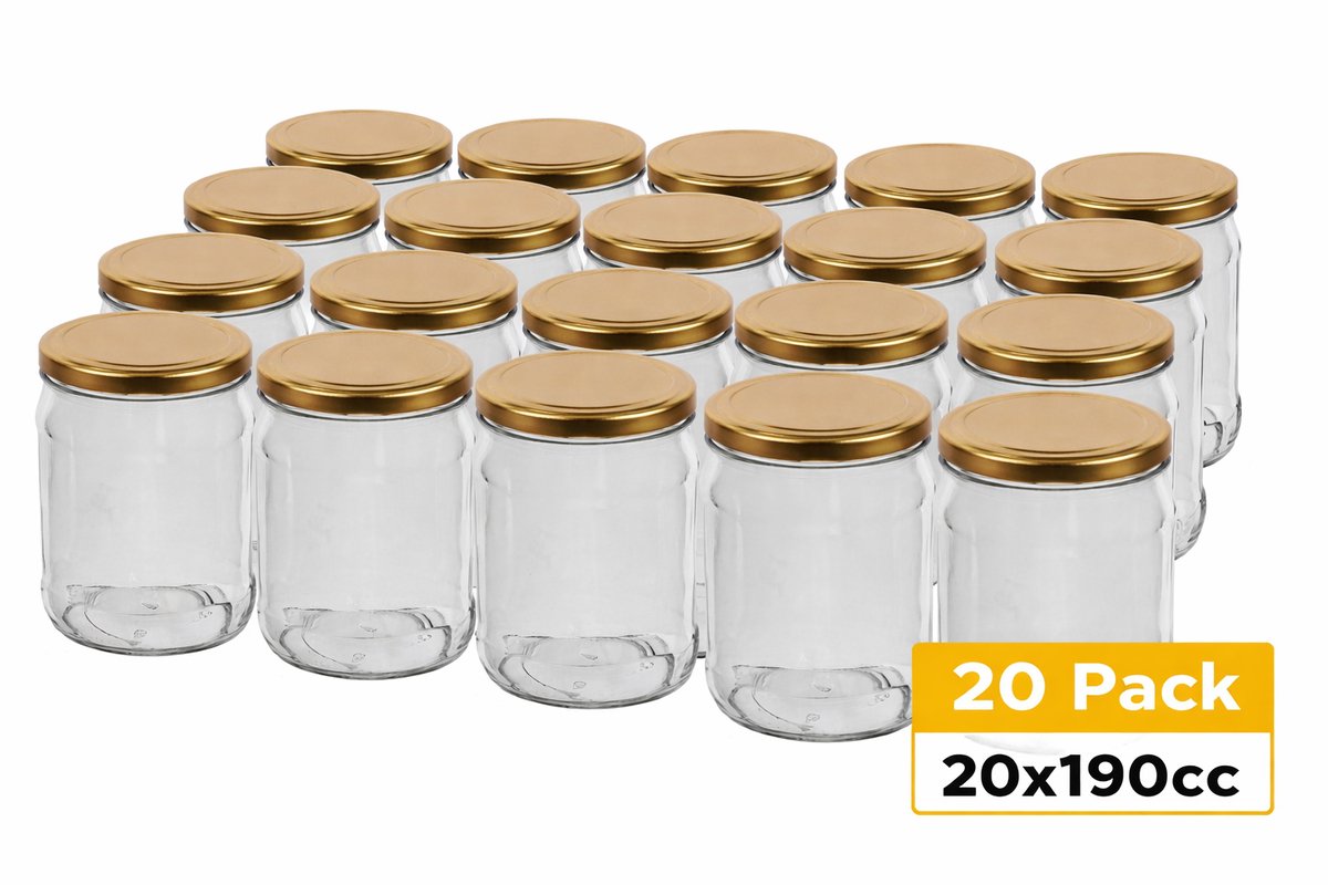 Jar Set 20-Pack – 190cc – 53mm Lid – Storage Glass Jars with Gold Lid – 20x190ml