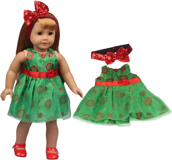 Poppenkleding Set - Kerst Jurkjes - Poppen Aankleden - Inclusief Haarband - 46 cm Poppen - Groen — afbeelding 2
