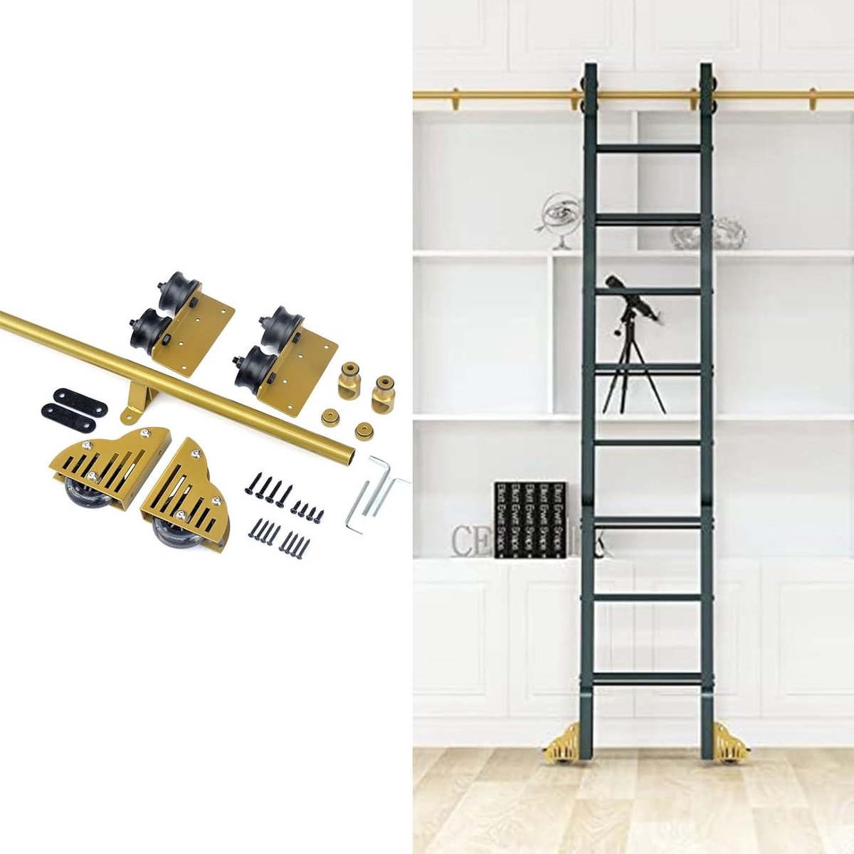 Ladder Hardware Kit - Schuifladder Onderdelen - Boekenkast Bereiken - Met Vloerrol en Rem - Verkrijgbaar in 8ft - Goudkleurig