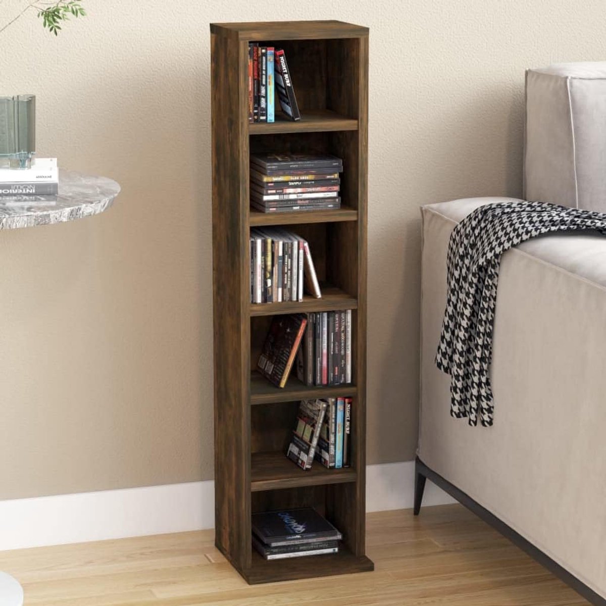 CD Kast Hout - Muziek Opslag - Muziek Collectie - Gerookt Eiken Afwerking - 21x20x88 cm - Bruin