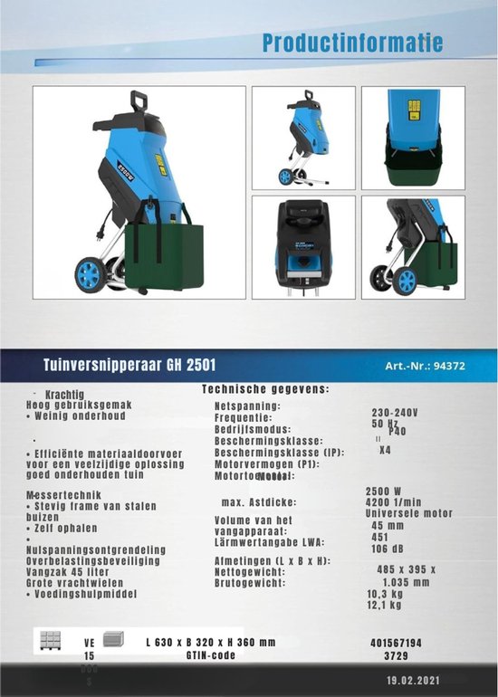 SVN® Professionele Hakselaar Versnipperaar - Hakselaar Electrisch 50L - Versnipperaar Hakselaar - Blauw - 49cm x 40cm x 104cm van Merkloos	 — afbeelding 2