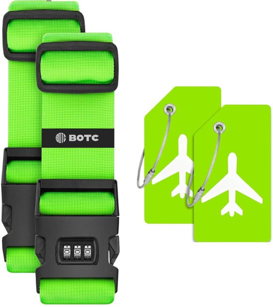 BOTC Kofferriem met Cijfer Slot - 4 stuks - 2 Kofferriem met cijferslot + 2 bagagelabels - 200 cm * 5 cm - Bagage Riem - Bagageband - Verstelbaar - Groen