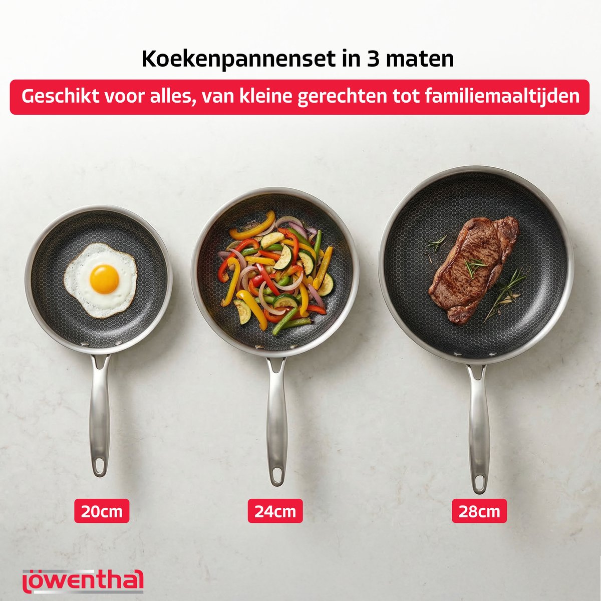 Koekenpannenset 3delig Ø 20, 24, 28 cm - PFAS Vrij & PTFE Vrij - RVS Honingraat - Inductie, Elektrisch, Keramisch & Gas - Hexagon Anti Aanbak Pan Krasvrij - Koudgrepen - Oven tot 280°C - Duurzame Keramische Coating - Keukengerei - Koken - Löwenthal — cadeau in Koken & Dineren - foto 6